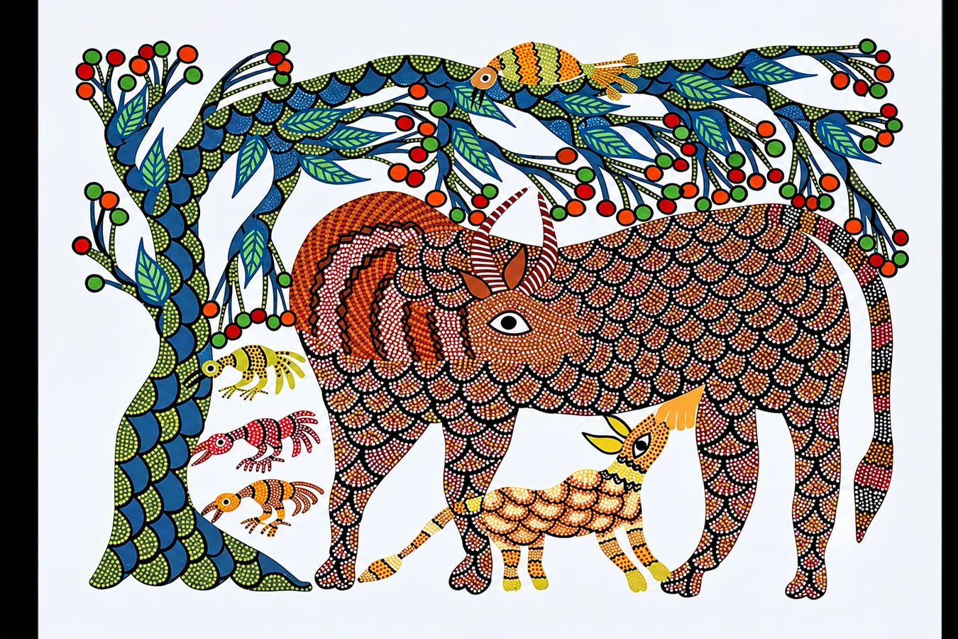 Animals painted in dotted patterns on a pale ground.