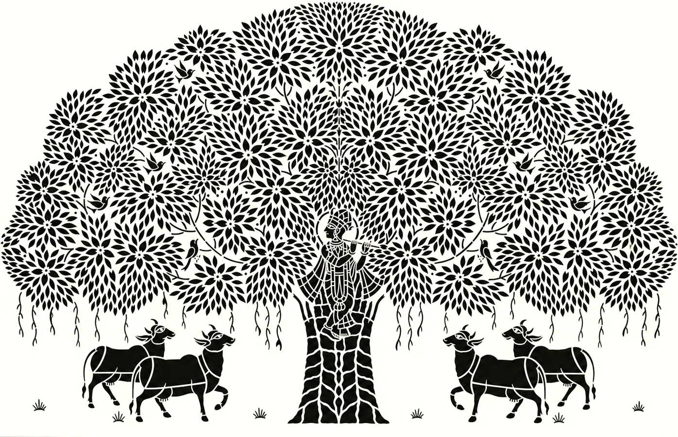 A large tree drawn in fine black and white detail, with cattle and a flute player beneath it.