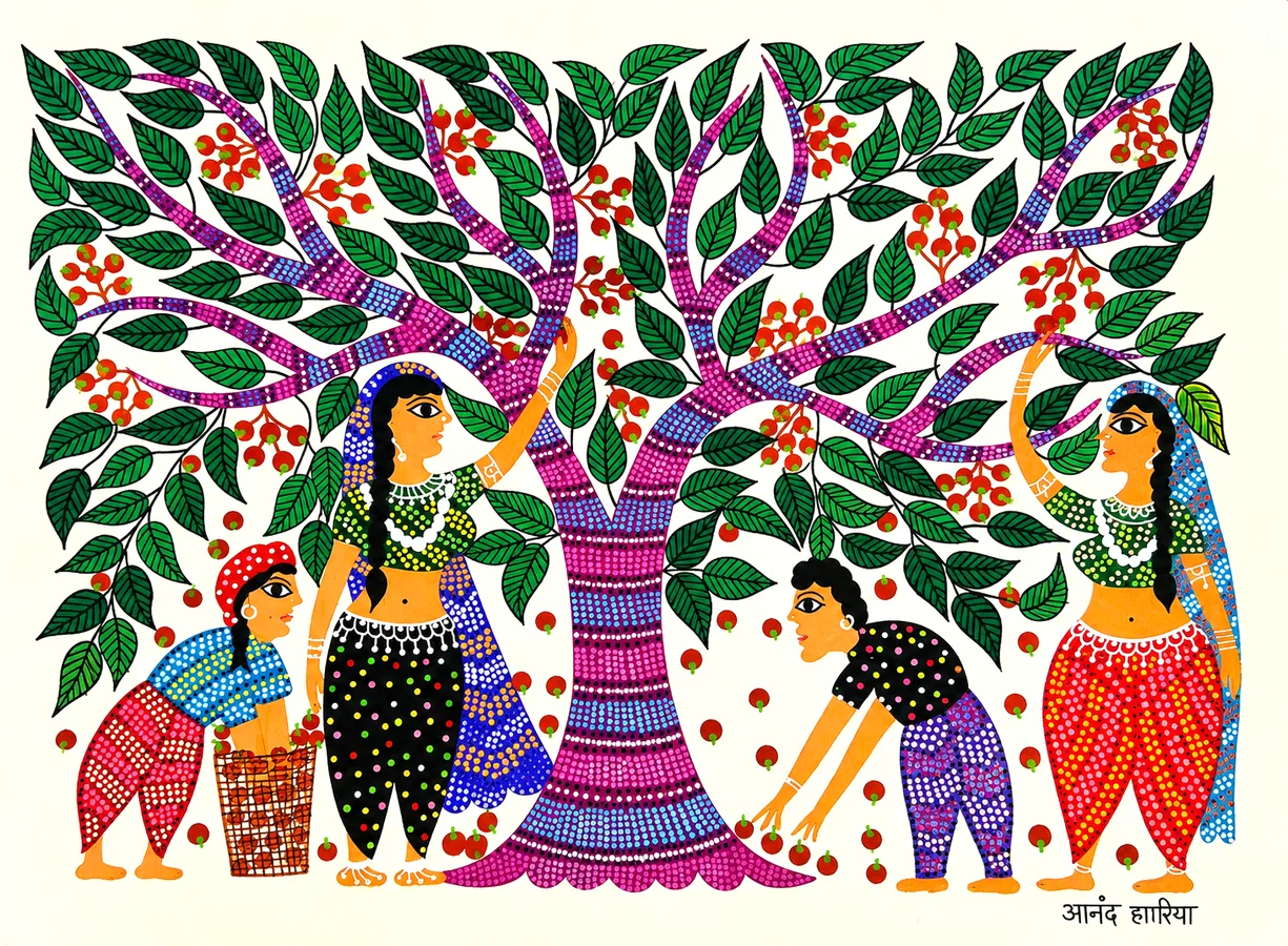 Figures gathering fruit beneath a dotted tree, in bright colours.