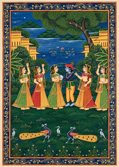 Miniature painting of women dancing in a moonlit garden.