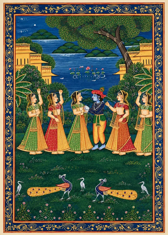 Miniature painting of women dancing in a moonlit garden.