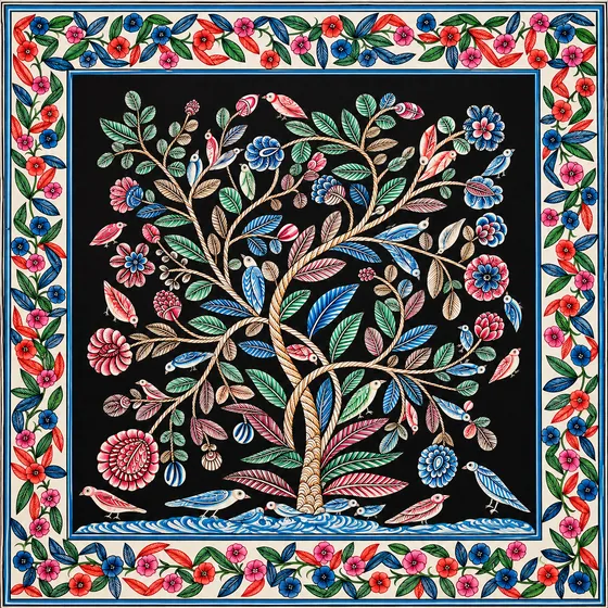 A tree full of birds and flowers on a dark ground, inside a patterned border.
