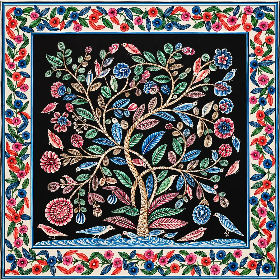 A tree full of birds and flowers on a dark ground, inside a patterned border.