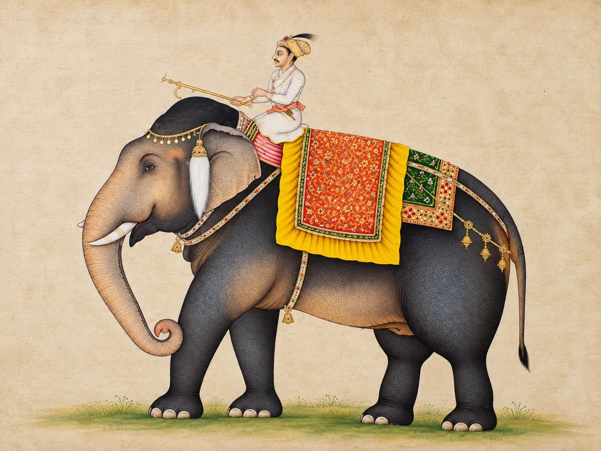 A decorated elephant with a rider, painted on an aged paper ground.