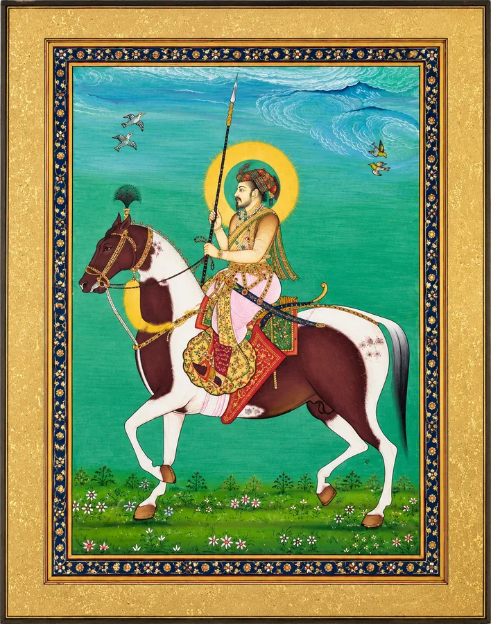 Miniature of a rider on a white horse inside an ornate gold frame.