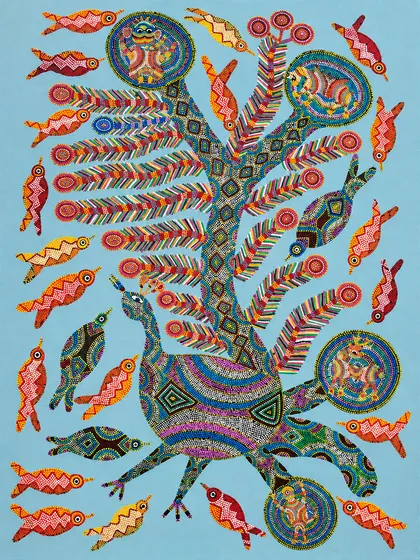 A tree of fish and leaves painted in dense dots of blue, green and red.