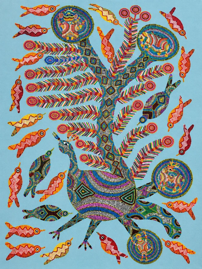 A tree of fish and leaves painted in dense dots of blue, green and red.