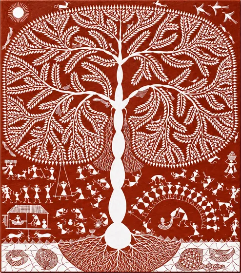 White figures and a tree drawn on a red-brown ground.