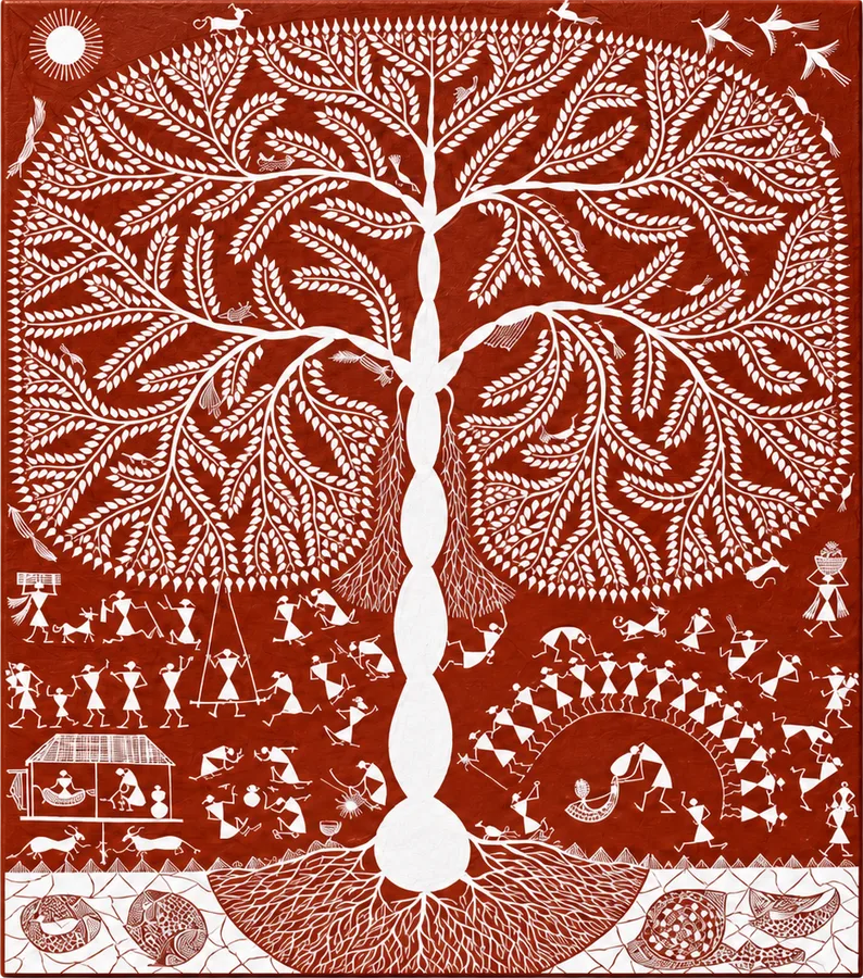 White figures and a tree drawn on a red-brown ground.