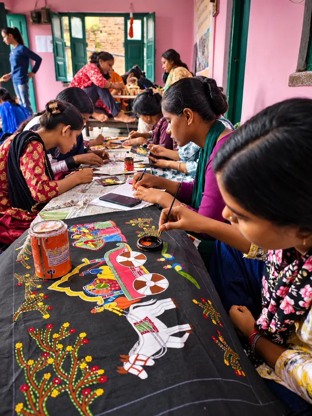 Young women artists paint figures and trees on a long black cloth at a shared workshop table.