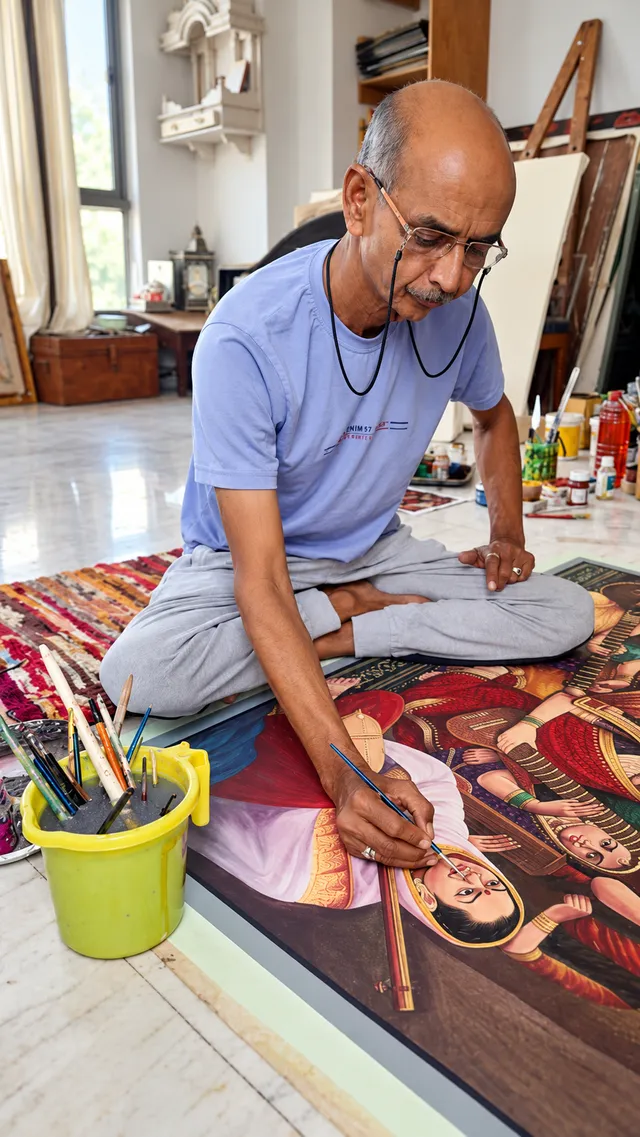 Ashok Sharma, seated on the floor, paints a large traditional artwork.