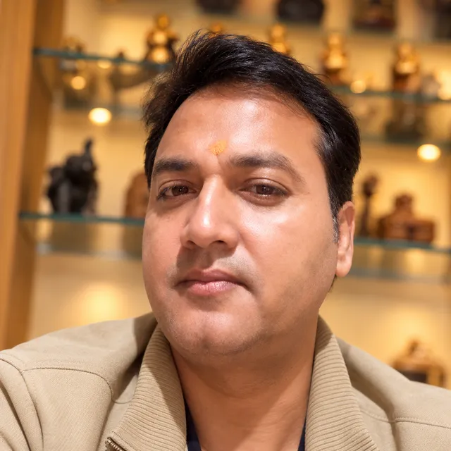 Portrait of Praveen Kumar Saini in a gallery.