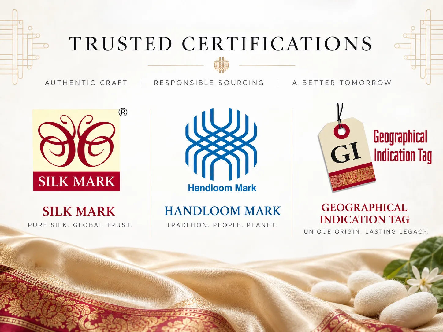 Silk Mark and Geographical Indication certification marks used to verify authentic handloom production.