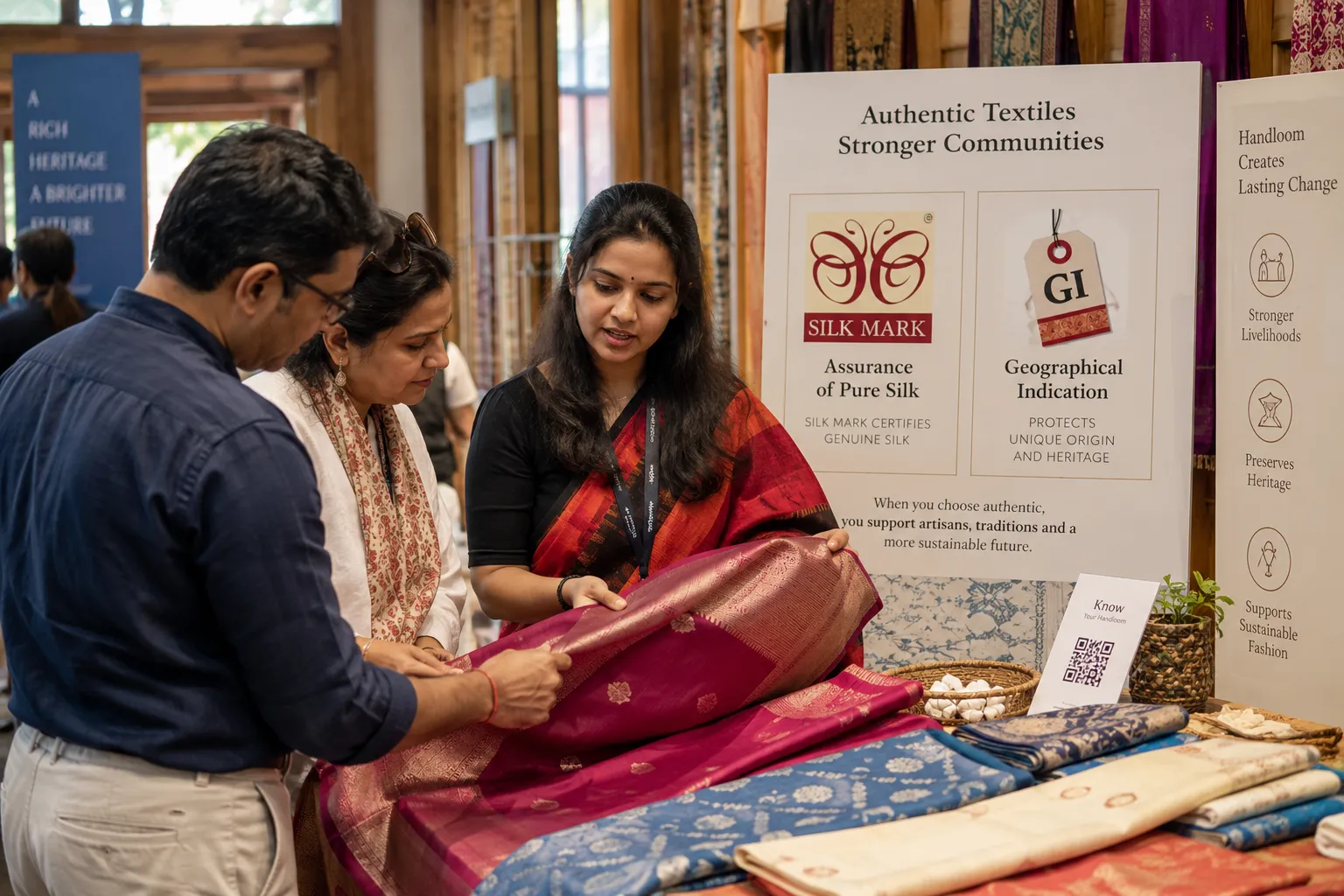 A Tri-Impact consumer and buyer awareness session on distinguishing authentic handwoven textile from power-loom imitation.