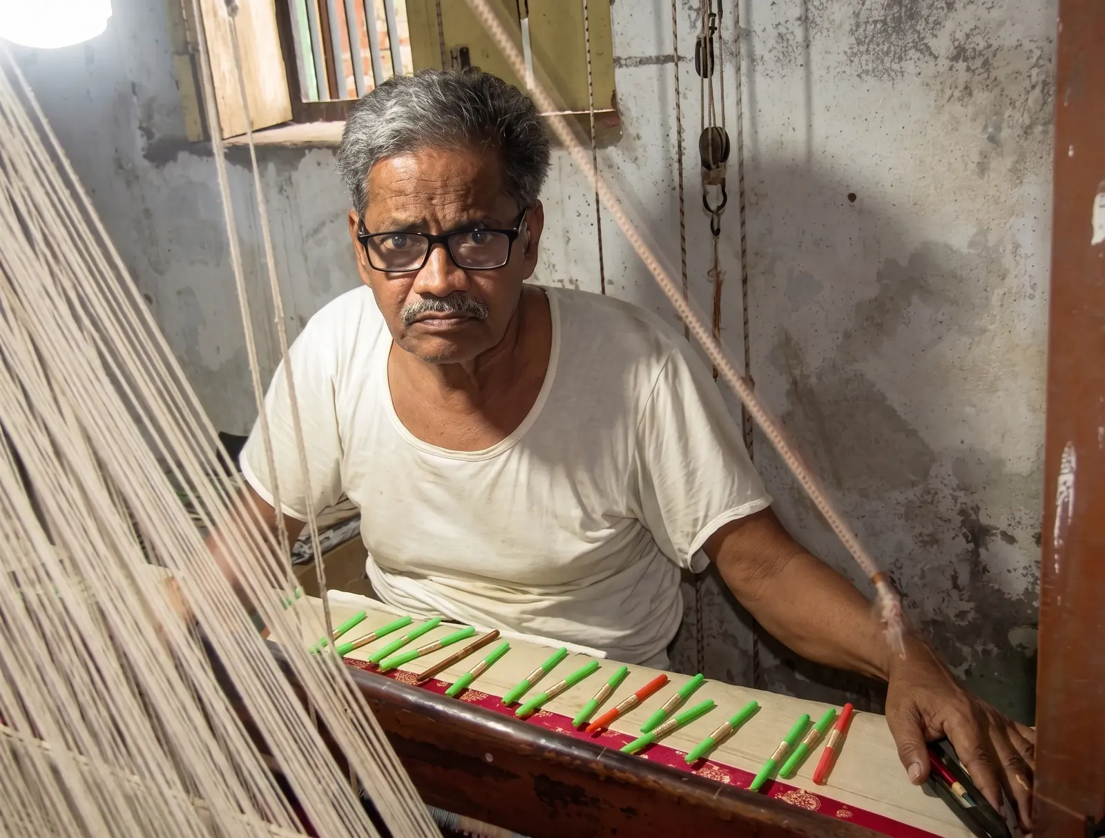 Janul Abdeen, 60, a handloom weaver in Dhamaria, Lohata, Varanasi, at his loom.
