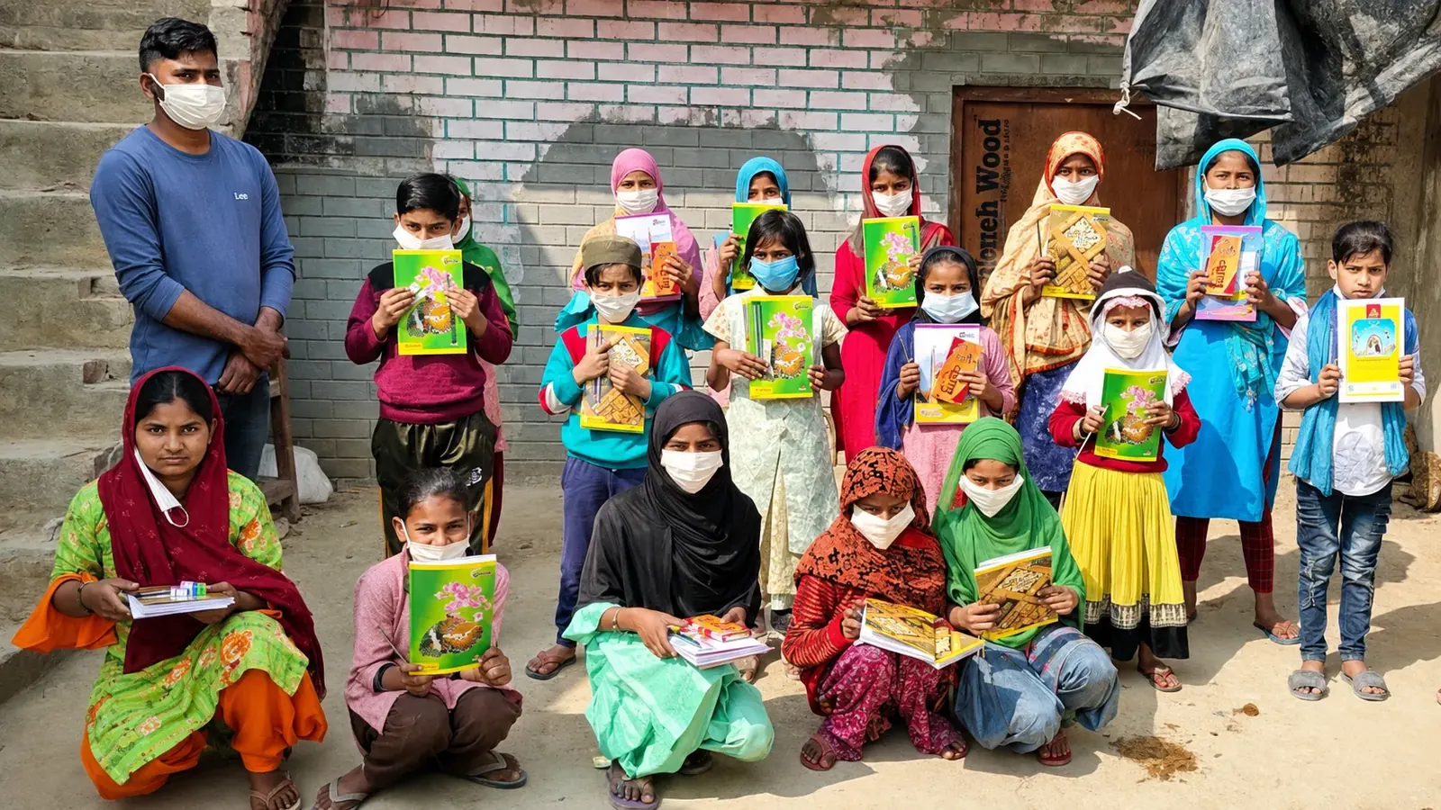 Children from worker households with school books.