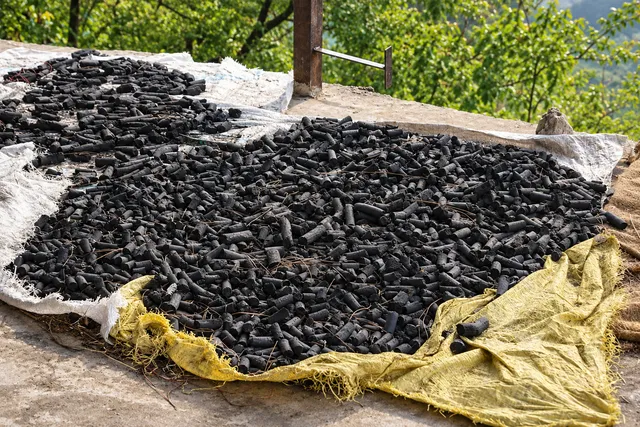 Pieces of biochar spread out to cool and dry on a sheet in the hills.
