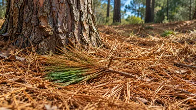 Fallen pine needles around the base of a pine tree.