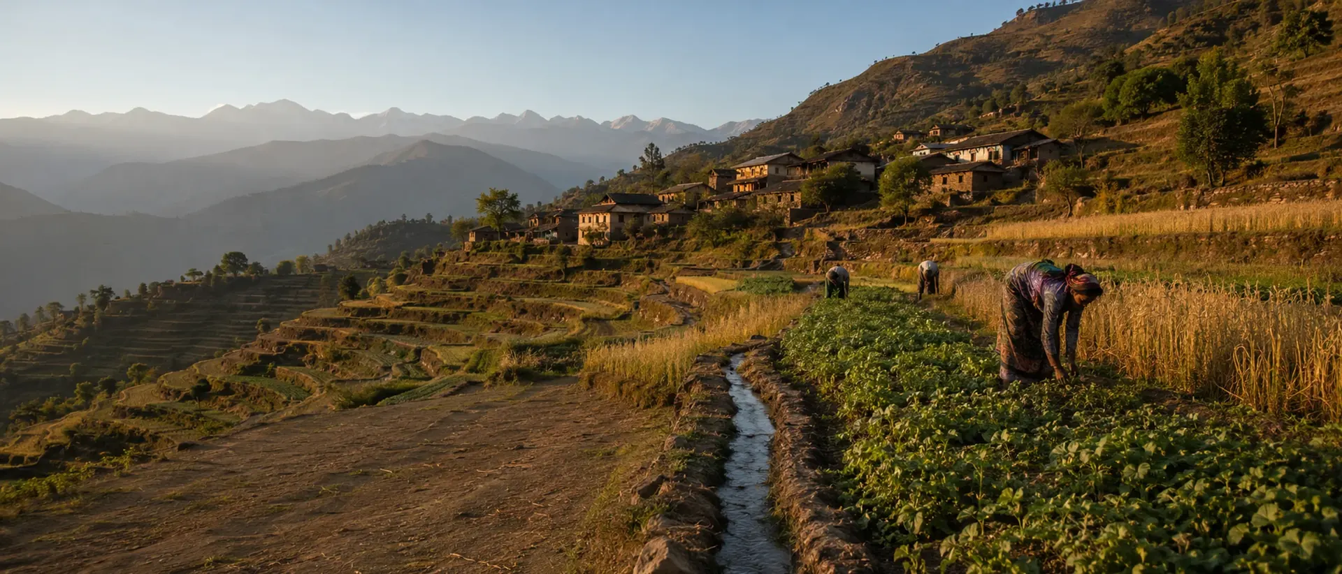 Terraced Himalayan farming village in Uttarakhand where communities are adapting farming systems to climate risk.