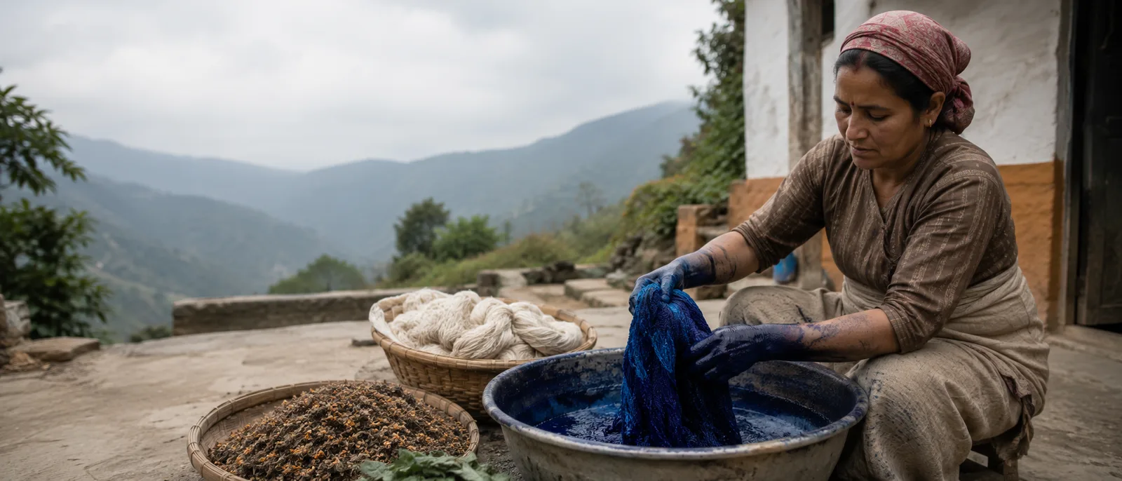 Artisan hand-dyeing yarn in natural plant-based dye, Uttarakhand, as part of Tri-Impact's Natural Colours programme
