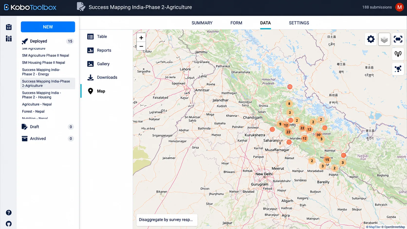 KoboToolbox interactive map showing documented Success Mapping submissions plotted across Uttarakhand districts, with pin clusters indicating the number of verified climate adaptation successes in each location